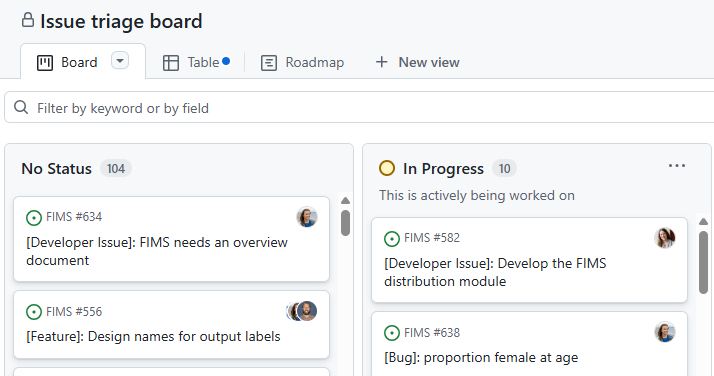 A screen shot of No Status and In Progress issues from the project board.