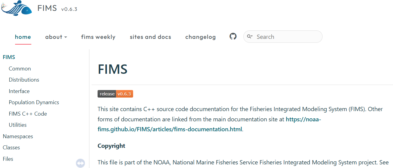 A screenshot of https://noaa-fims.github.io/doxygen/.